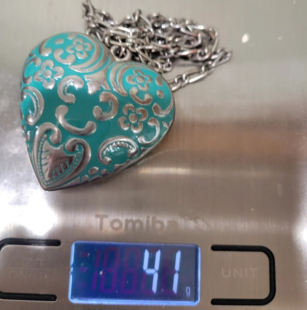 TRUE VINTAGE LARGE PUFFY TURQUOISE ENAMEL HEART NECKLACE. GORGEOUS. AJDUSTABLE - Picture 4 of 6